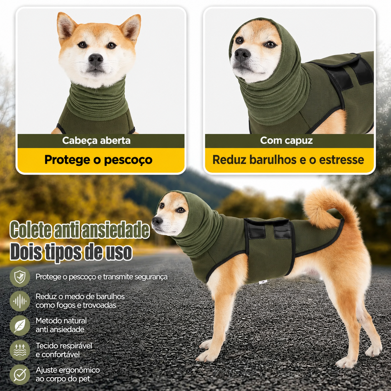 Colete Anti-Ansiedade para Cães e Gatos - Proteção para Corpo e Orelhas contra barulhos