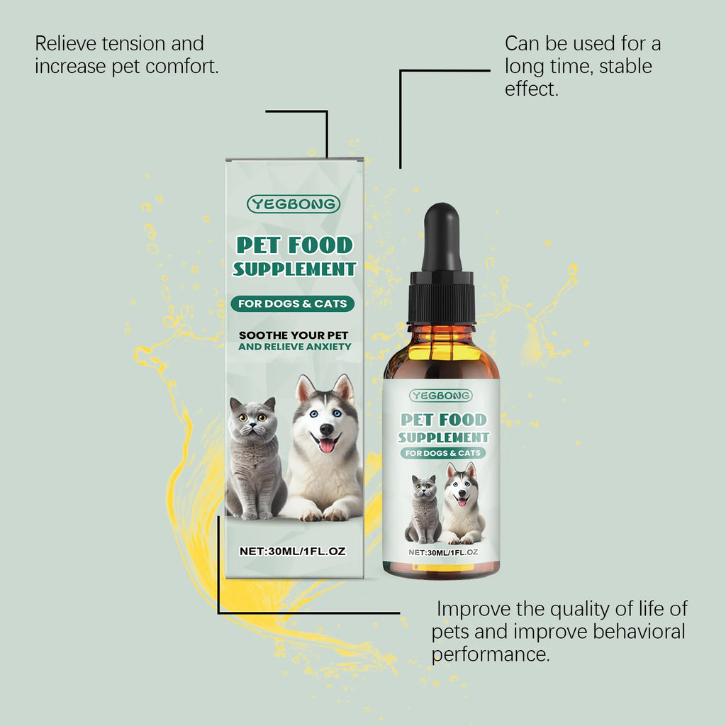 Suplemento Alimentar Anti-Ansiedade para Pets - Gotas Calmantes de Fácil Administração para Cães e Gatos