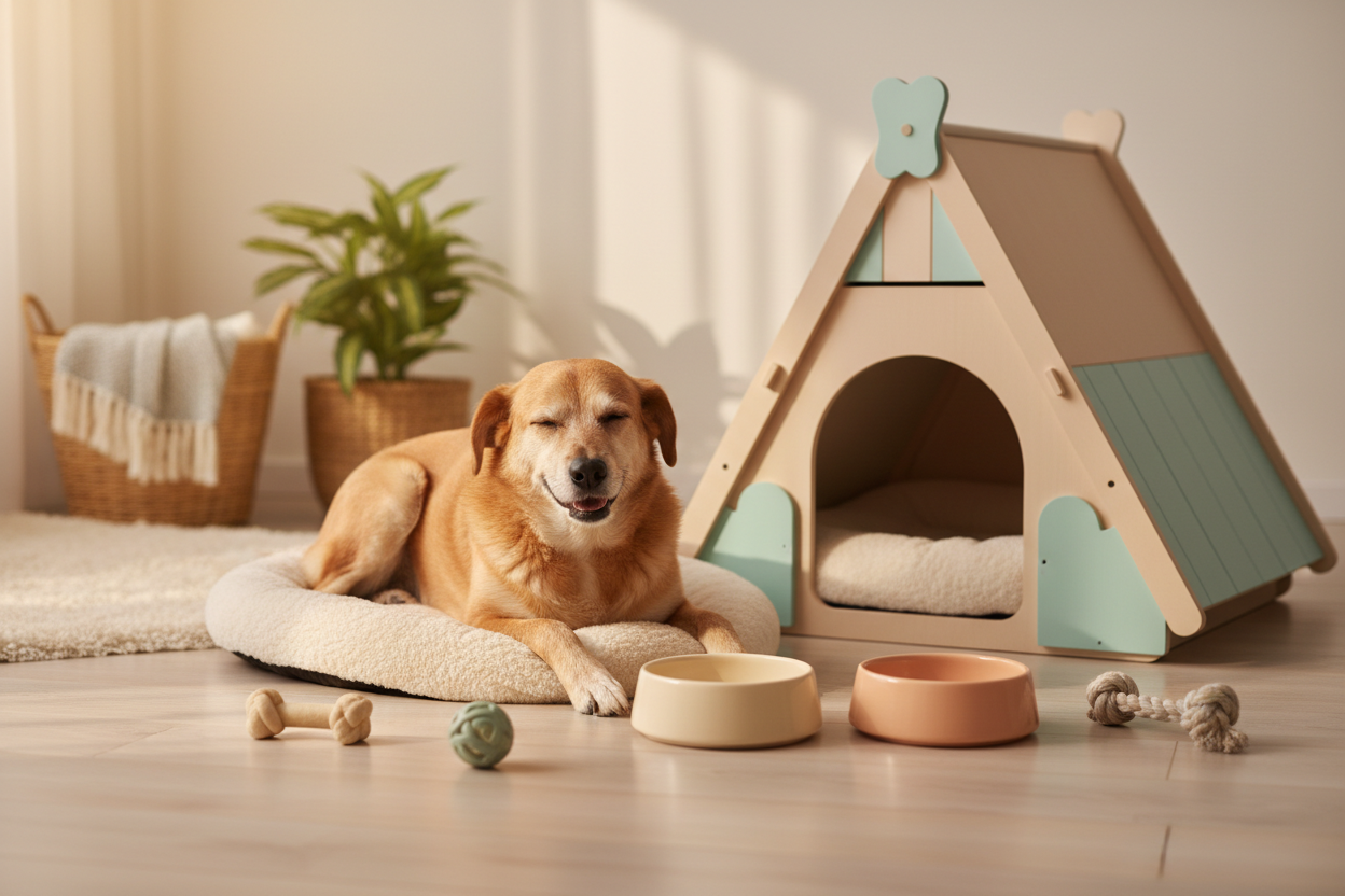 Banner Casinhas e Comedouros com vira-lata caramelo